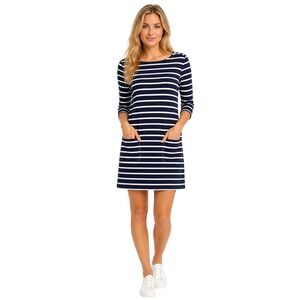 Boden Womens Navy White Striped Cotton Shift Dress Size 6 3/4 Sleeve Pockets